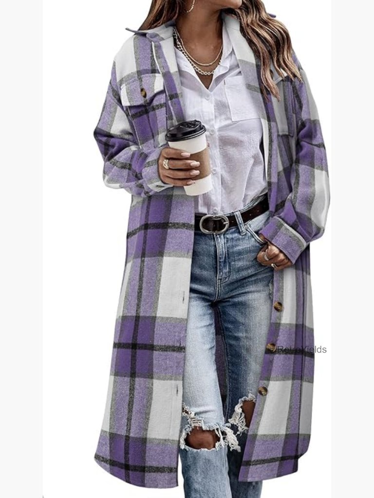 Long Plaid Shacket Jacket, Button Down Flannel Trench Coat, Mid Length, Lapel